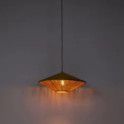 Landelijke hanglamp geel velours met rotan 60cm - Frills Can