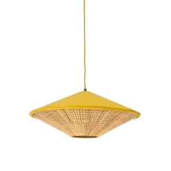 Landelijke hanglamp geel velours met rotan 60cm - Frills Can