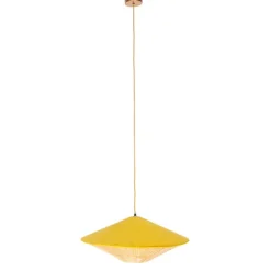Landelijke hanglamp geel velours met rotan 60cm - Frills Can