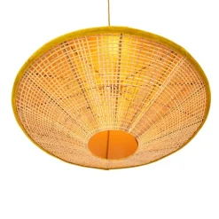 Landelijke hanglamp geel velours met rotan 60cm - Frills Can