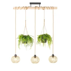Landelijke hanglamp goud met hout 3-lichts - Yura