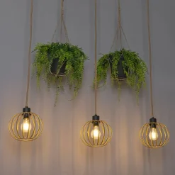 Landelijke hanglamp goud met hout 3-lichts - Yura