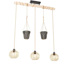 Landelijke hanglamp goud met hout 3-lichts - Yura