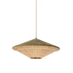 Landelijke hanglamp groen velours met rotan 60cm - Frills Can