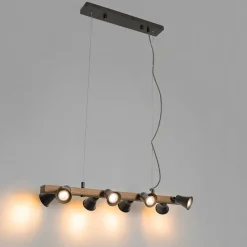 Landelijke hanglamp zwart met hout 8-lichts - Jelle