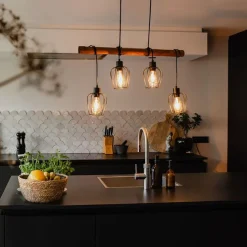 Landelijke hanglamp zwart met hout 4-lichts - Stronk