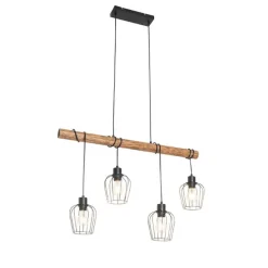 Landelijke hanglamp zwart met hout 4-lichts - Stronk