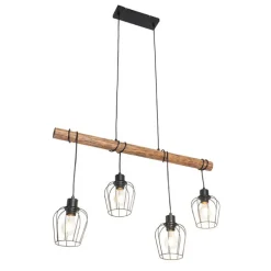 Landelijke hanglamp zwart met hout 4-lichts - Stronk