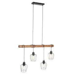 Landelijke hanglamp zwart met hout 4-lichts - Stronk
