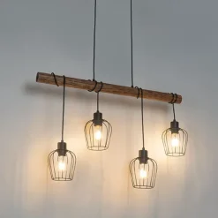 Landelijke hanglamp zwart met hout 4-lichts - Stronk