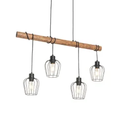 Landelijke hanglamp zwart met hout 4-lichts - Stronk