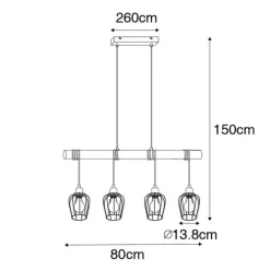 Landelijke hanglamp zwart met hout 4-lichts - Stronk
