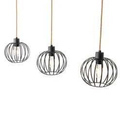 Landelijke hanglamp zwart met hout 3-lichts - Yura