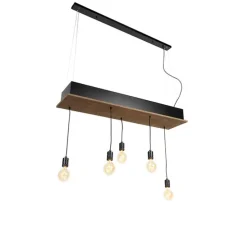 Landelijke hanglamp zwart met hout 5-lichts - Flair