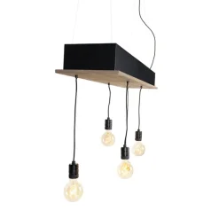 Landelijke hanglamp zwart met hout 5-lichts - Flair