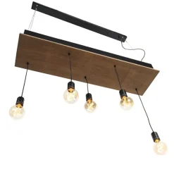 Landelijke hanglamp zwart met hout 5-lichts - Flair