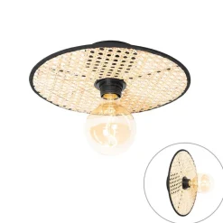 Landelijke plafond en wandlamp zwart met rotan 30 cm - Kata