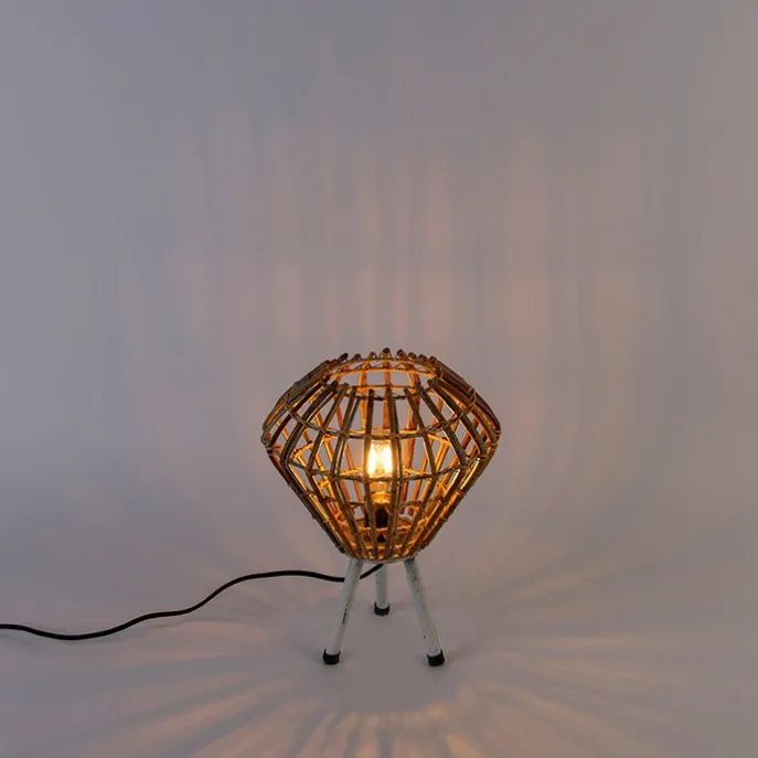 Landelijke tafellamp tripod bamboe met wit - Canna Diamond