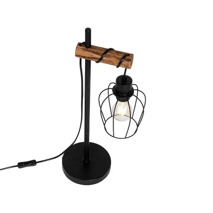 Landelijke tafellamp zwart met hout - Stronk