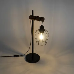Landelijke tafellamp zwart met hout - Stronk
