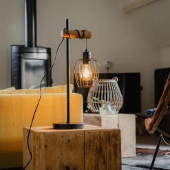 Landelijke tafellamp zwart met hout - Stronk