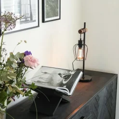 Landelijke tafellamp zwart met hout - Stronk