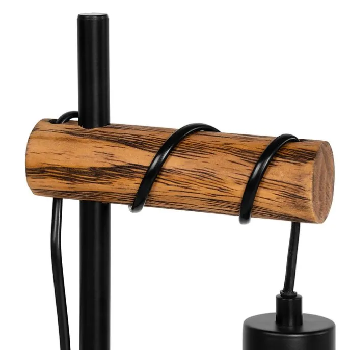 Landelijke tafellamp zwart met hout - Stronk
