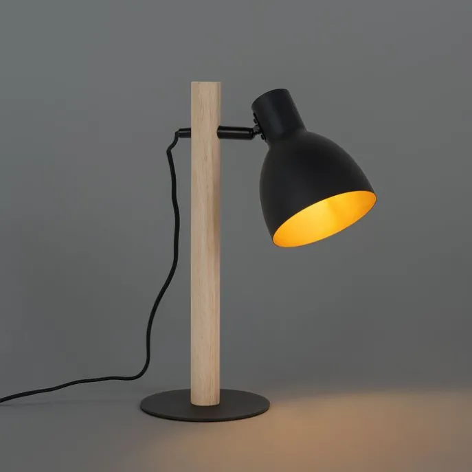Landelijke tafellamp zwart met hout - Flint