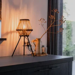 Landelijke tripod tafellamp bamboe met zwart - Evalin