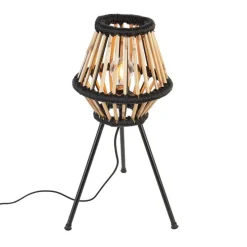 Landelijke tripod tafellamp bamboe met zwart - Evalin