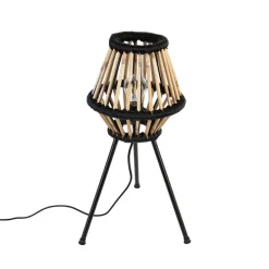 Landelijke tripod tafellamp bamboe met zwart - Evalin