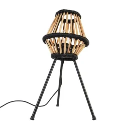 Landelijke tripod tafellamp bamboe met zwart - Evalin