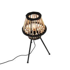 Landelijke tripod tafellamp bamboe met zwart - Evalin