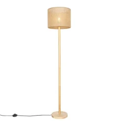 Landelijke vloerlamp hout met linnen kap naturel 32 cm - Mels