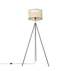 Landelijke vloerlamp tripod zwart met rotan kap - Kata