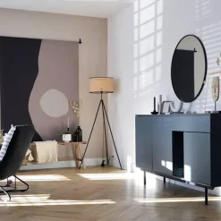 Landelijke vloerlamp tripod zwart met rotan kap - Kata