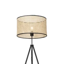 Landelijke vloerlamp tripod zwart met rotan kap - Kata