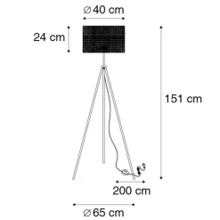 Landelijke vloerlamp tripod zwart met rotan kap - Kata