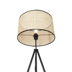 Landelijke vloerlamp tripod zwart met rotan kap - Kata