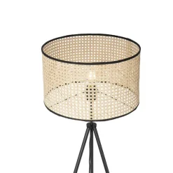 Landelijke vloerlamp tripod zwart met rotan kap - Kata