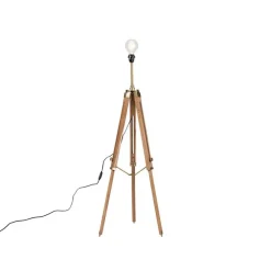 Landelijke vloerlamp tripod hout met antiek messing - Cortin