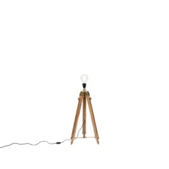 Landelijke vloerlamp tripod hout met antiek messing - Cortin