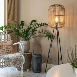 Landelijke vloerlamp zwart met rotan - Manila