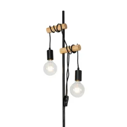 Landelijke vloerlamp zwart met hout 2-lichts - Dami