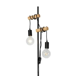 Landelijke vloerlamp zwart met hout 2-lichts - Dami
