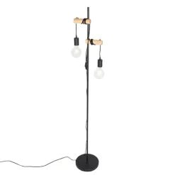 Landelijke vloerlamp zwart met hout 2-lichts - Dami