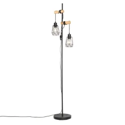 Landelijke vloerlamp zwart met hout 2-lichts met kap - Dami Frame