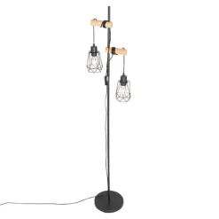 Landelijke vloerlamp zwart met hout 2-lichts met kap - Dami Frame