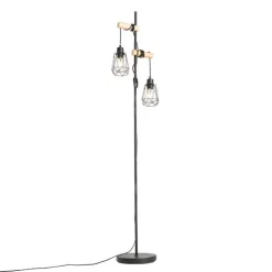 Landelijke vloerlamp zwart met hout 2-lichts met kap - Dami Frame