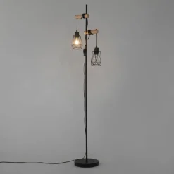Landelijke vloerlamp zwart met hout 2-lichts met kap - Dami Frame